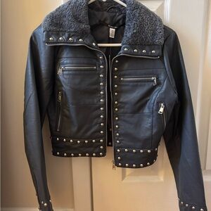 Blue Studded Faux Leather Jacket